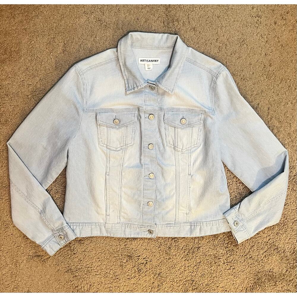 Artisan NY Denim Jacket Womens Large Blue White Stripe Stretch Trucker Preppy
